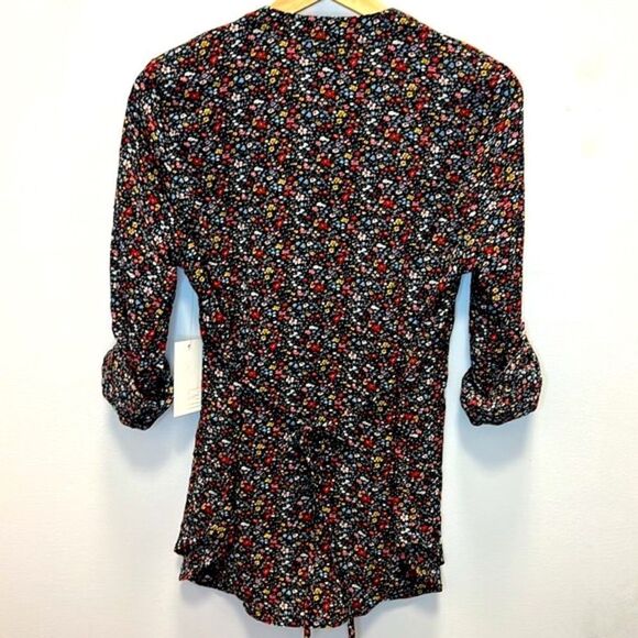 KAii Women’s Black Floral Roll up Sleeve Button up Tie Waist Blouse Size Medium - Picture 2 of 7